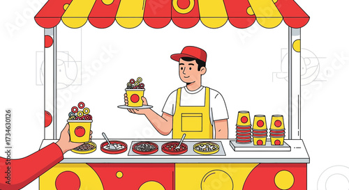 Colorful cartoon stall selling vibrant snacks and refreshments with a friendly seller