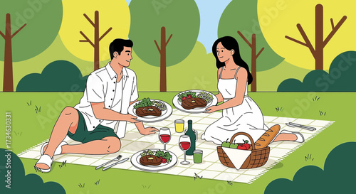 Couple enjoys a romantic picnic with steak and wine in a sunny green park setting