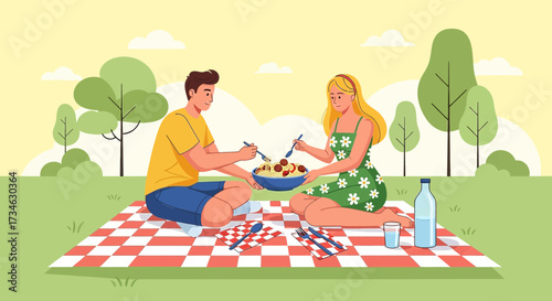 Couple enjoys picnic with pasta in the park under the warm sunshine creates a joyful atmosphere