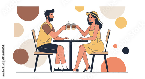Couple toasting with coffee at cafe, illustration of romantic date with coffee shop, spending