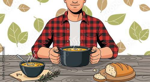 Cozy autumn illustration with a man enjoying a bowl of hot soup at a rustic wooden table