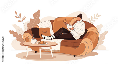 Cozy Morning Routine: Woman Relaxing on Sofa with Coffee and Croissant Vector Illustration