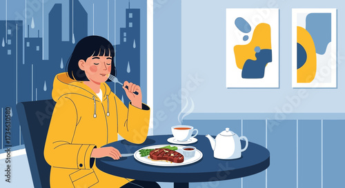 Cozy rainy day meal: Girl enjoying steak and tea indoors with city view