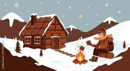 Cozy winter scene with a chocolate cabin, campfire and traveler toasting chocolate