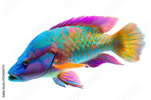 Colorful Fish Underwater: A vibrant and surreal underwater scene, showcases an intricately detailed fish with a spectrum of rainbow hues gracefully swimming through the deep blue ocean.