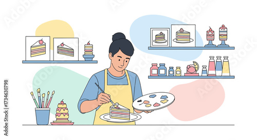 Creative pastry chef decorating cake in studio with artistic flair and culinary skills