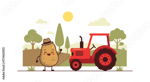 Cute potato farmer cartoon with red tractor in countryside landscape illustration
