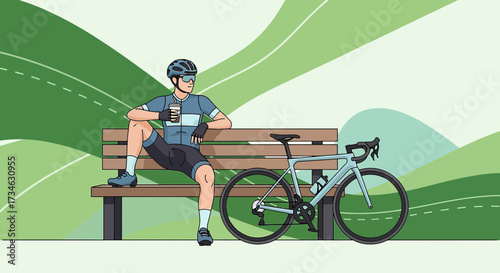 Cyclist taking a break on a bench with a coffee enjoying the scenery after a ride