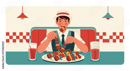 Delightful illustration of a man enjoying delicious skewers at a retro diner
