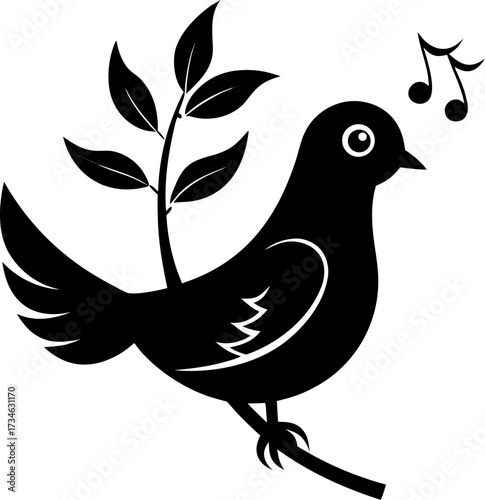 A dove holding a musical note instead of a branch. black illustration  white background