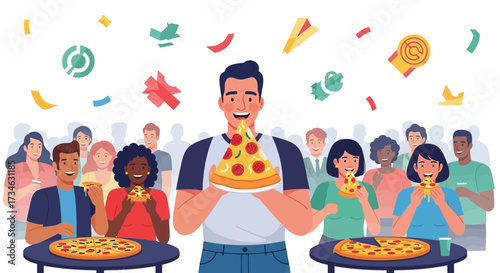 Diverse group of people celebrating with pizza and confetti having a festive pizza party event