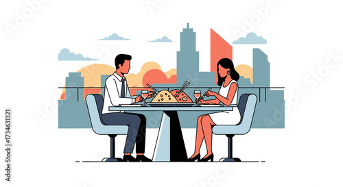 Elegant Couple Dining at Rooftop Restaurant with Cityscape View in Flat Design Style
