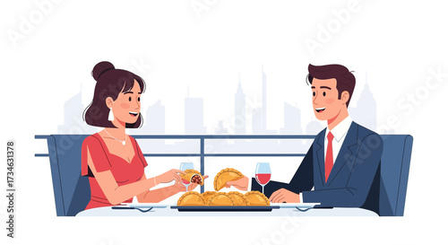 Elegant couple sharing a meal of empanadas in a rooftop restaurant with city views creating a