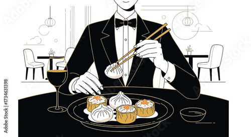 Elegant diner enjoys dumplings in sophisticated black and white restaurant illustration