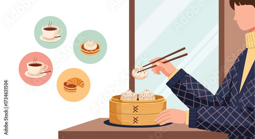 Elegant illustration of a person enjoying delicious dumplings alongside coffee and pastries art