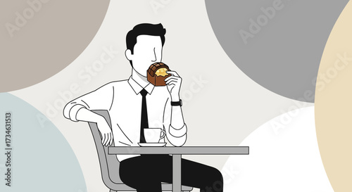 Elegant man enjoying a chocolate pastry and coffee break at a cafe setting with artistic background