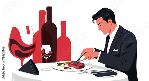 Elegant Man Enjoying a Steak Dinner with Wine in a Sophisticated Restaurant Setting