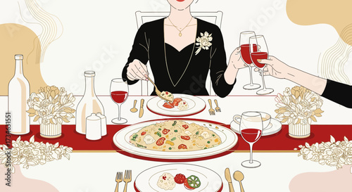 Elegant illustration showcasing a dinner with wine and gourmet dishes in sophisticated style