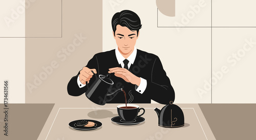 Elegant man in suit enjoying afternoon tea ritual with kettle pouring in a cup, minimal