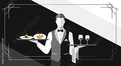 Elegant waiter serving food and drinks in a sophisticated monochromatic setting design