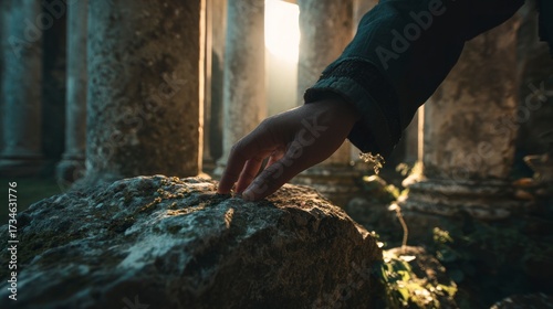 Hand touching stone ancient ruins