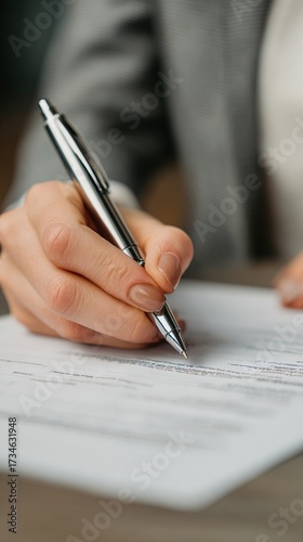 A person is preparing to sign important documents, showcasing a close-up view of their hand gripping a pen poised above a sheet of paper, ready for action.