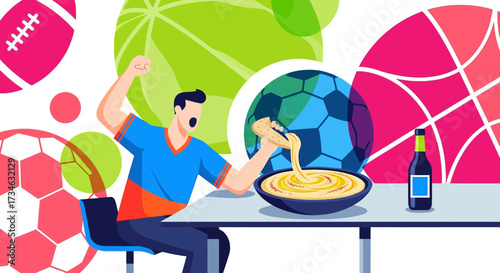 Enthusiastic sports fan cheering while eating cheesy dip during a game celebration