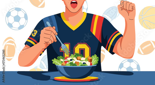 Enthusiastic sports fan eating healthy salad while celebrating a victory at the table