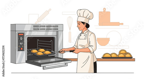 Female chef baking empanadas in industrial oven, culinary experience and expertise showcased,