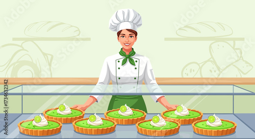 Female baker presenting key lime pies behind a display case in a bakery setting illustration