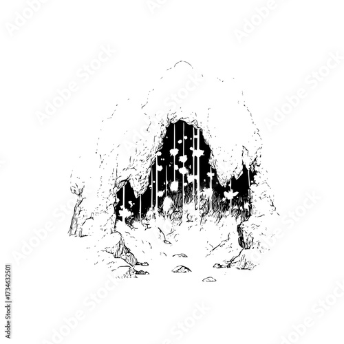 Illustration of a cave entrance with light shafts and rocky terrain in a monochrome style drawing