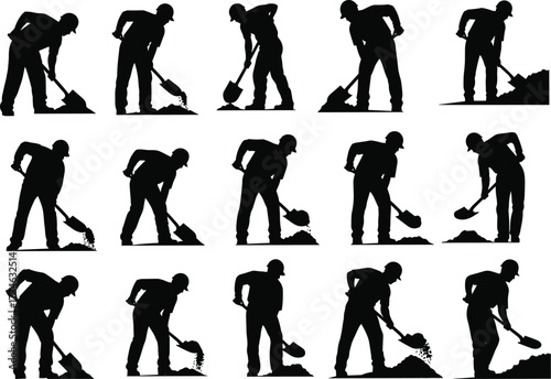 Worker, Shovel, Labor, Job, Safety, Helmet, Hardhat, Construction, Digging, Soil, Ground, Site, Project, Industrial, Contractor, Tool, Vector, Icon, Illustration, Silhouette