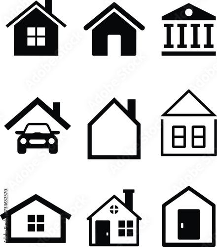 Set of Nine House Icons in Solid and Outline Styles Representing Real Estate, Banking, Legal, Home, Garage, and Security Concepts, Vector Illustration Collection.