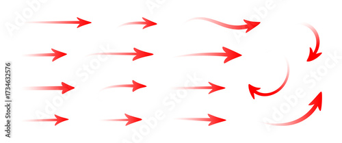 Red airflow icons set. Arrows for motion and direction, gradient pointers in circular, straight, and curved patterns, dynamic trails, movement symbols for interface and navigation design.
