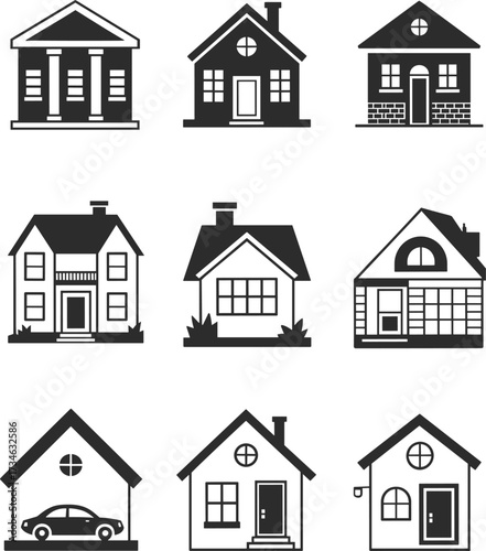 Set of Nine House Icons in Solid and Outline Styles Representing Residential Homes, Bank, Garage, and Architectural Structures, Real Estate Vector Illustration Collection.