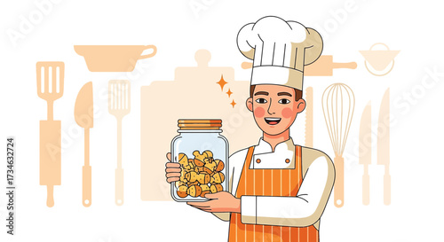 Happy Chef Displaying Jar of Cookies in Kitchen with Baking Utensil Silhouettes
