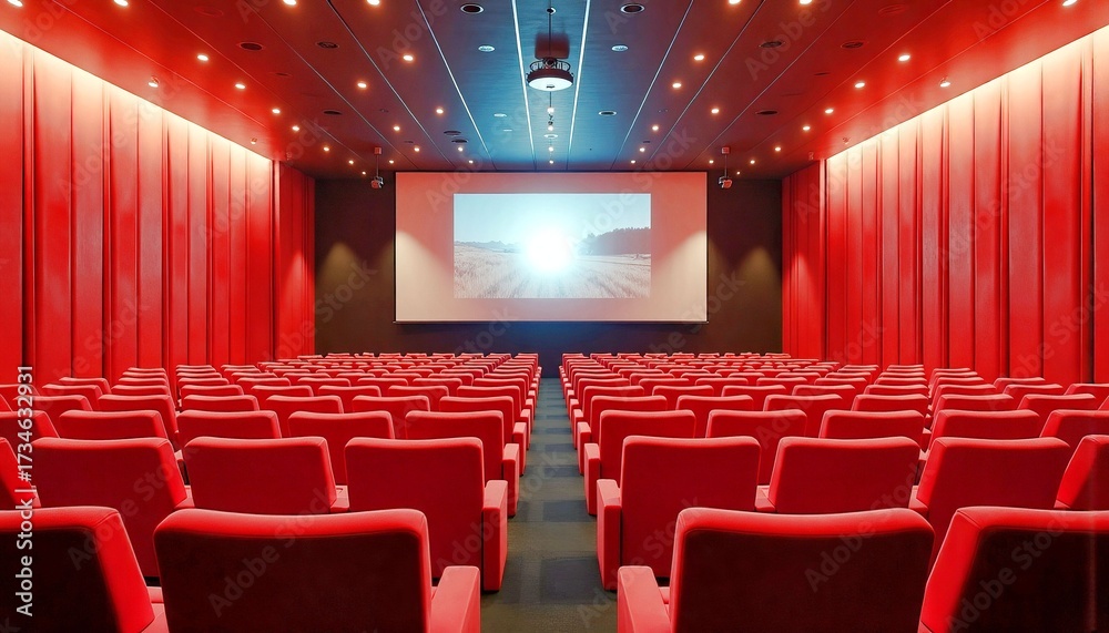 Fototapeta premium Empty red movie theater with a large screen and bright lights 