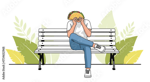 Illustrated person enjoying a delicious taco on a park bench surrounded by plants and leaves