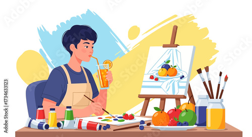 Illustration depicting a male artist painting a still life while enjoying juice