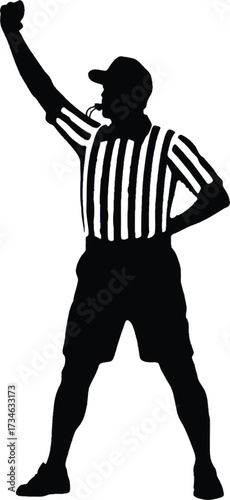 Referee with raised arm and whistle on white background