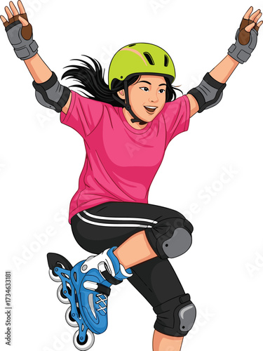 Cartoon rollerblading character in motion wearing helmet and safety gear, dynamic skating pose illustration for vector and sports design use