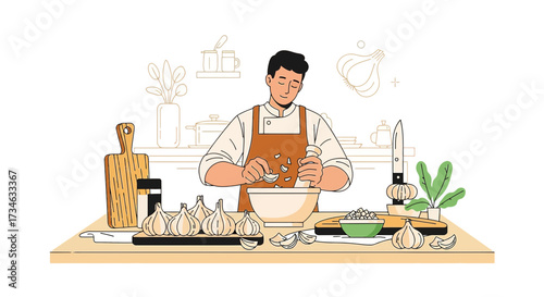 Illustration of a chef in the kitchen preparing garlic using a mortar and pestle with skill and