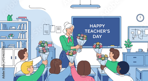 flat style illustration of school items, books, globe, and flowers with text Happy Teacher’s Day, symbolizing education, learning, gratitude, and celebration in a cheerful academic design