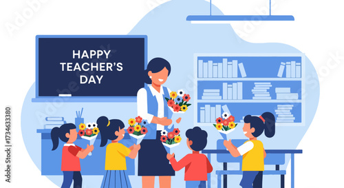 flat style illustration of school items, books, globe, and flowers with text Happy Teacher’s Day, symbolizing education, learning, gratitude, and celebration in a cheerful academic design
