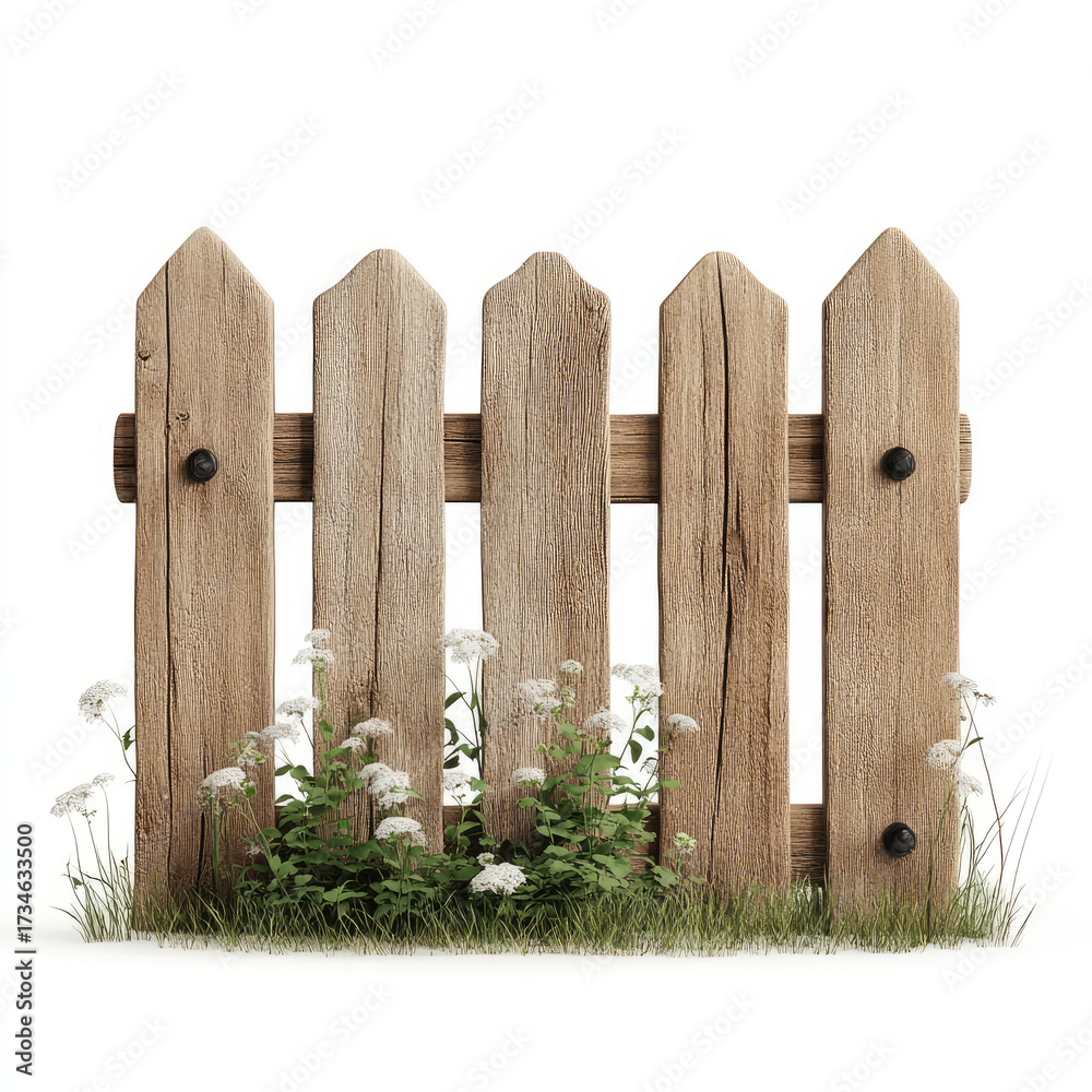 Fototapeta premium rustic wooden garden fence with pointed tops, surrounded by green grass and white flowers, adds charm to outdoor spaces. This decorative element any garden setting