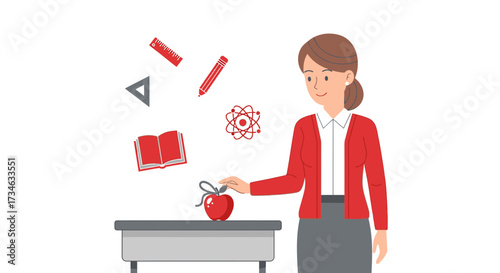 Illustration of a friendly teacher with educational elements symbolizing knowledge and learning