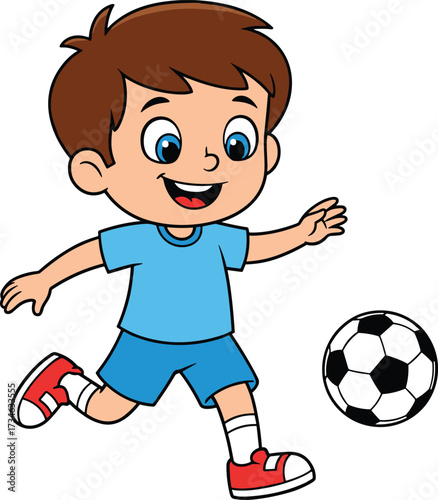 Happy smiling boy playing soccer, cartoon child in blue shirt and shorts, kicking football, outdoor activity, sports game, fun vector illustration