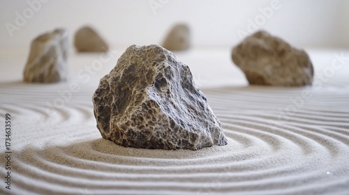 Zen garden stones, raked sand, calm, serenity, meditation, interior design, peaceful background, spa