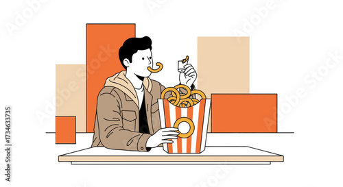 Illustration of a man enjoying a snack of onion rings with a playful background design