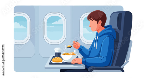 Illustration of a man enjoying an in-flight meal during air travel by airplane on vacation